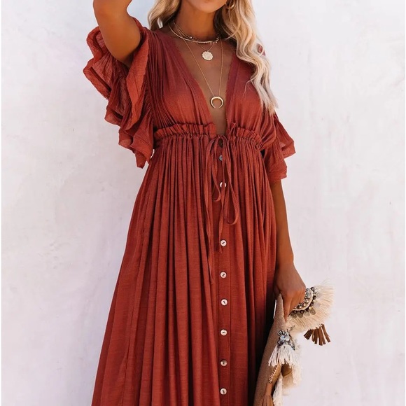 Gorgeous Rust Bohemian Button Down Vacation Flowy Ruffled Resort Maxi Dress - Picture 1 of 5